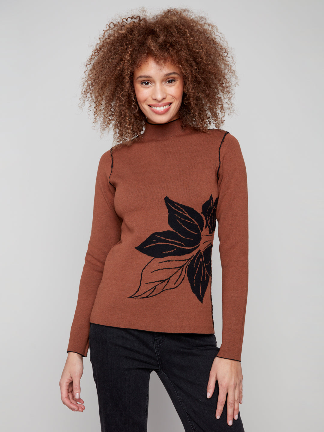 Cacao Big Flower Reversible Mock Neck Sweater