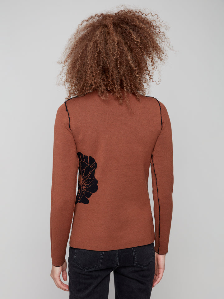 Cacao Big Flower Reversible Mock Neck Sweater