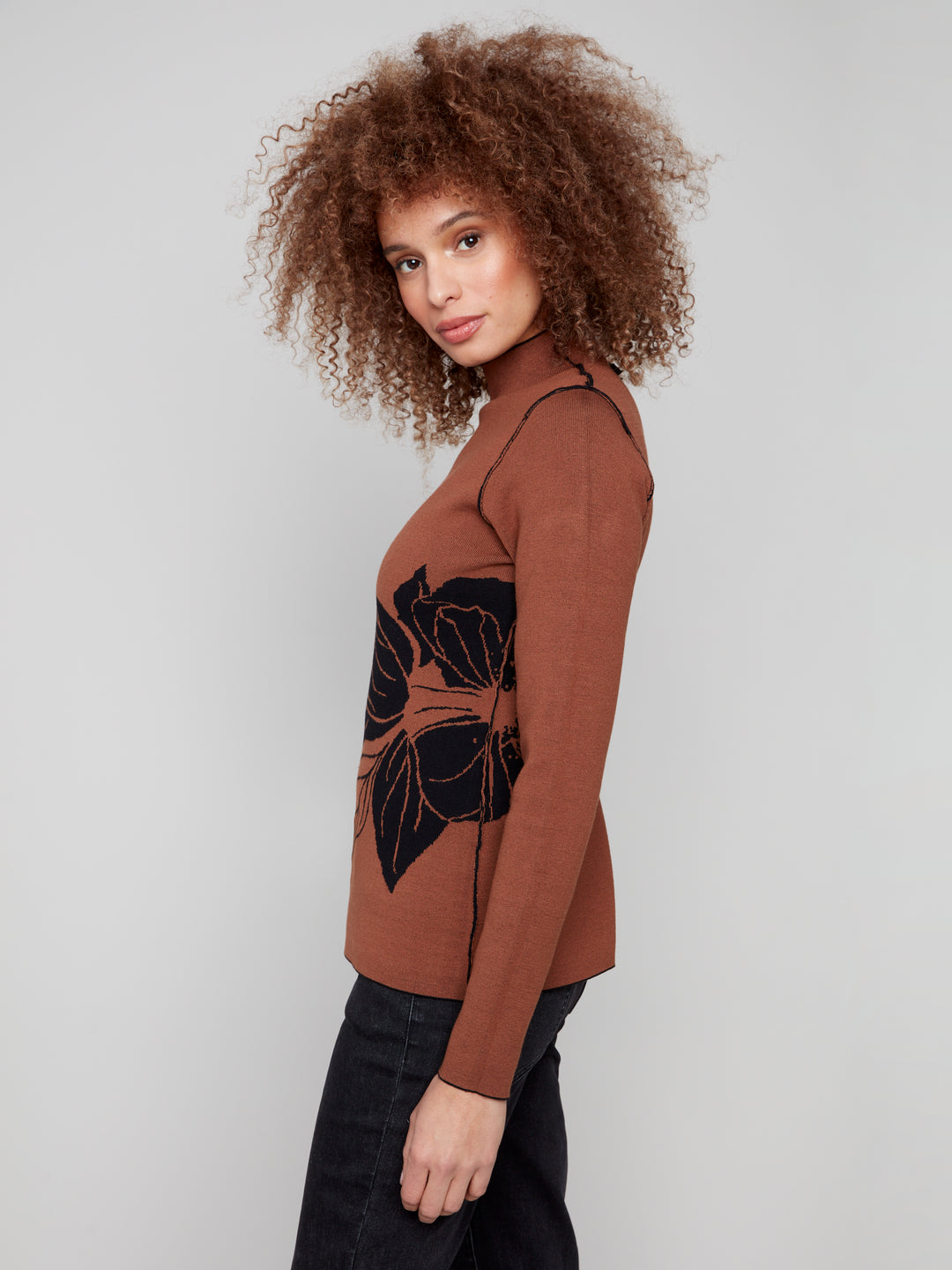 Cacao Big Flower Reversible Mock Neck Sweater