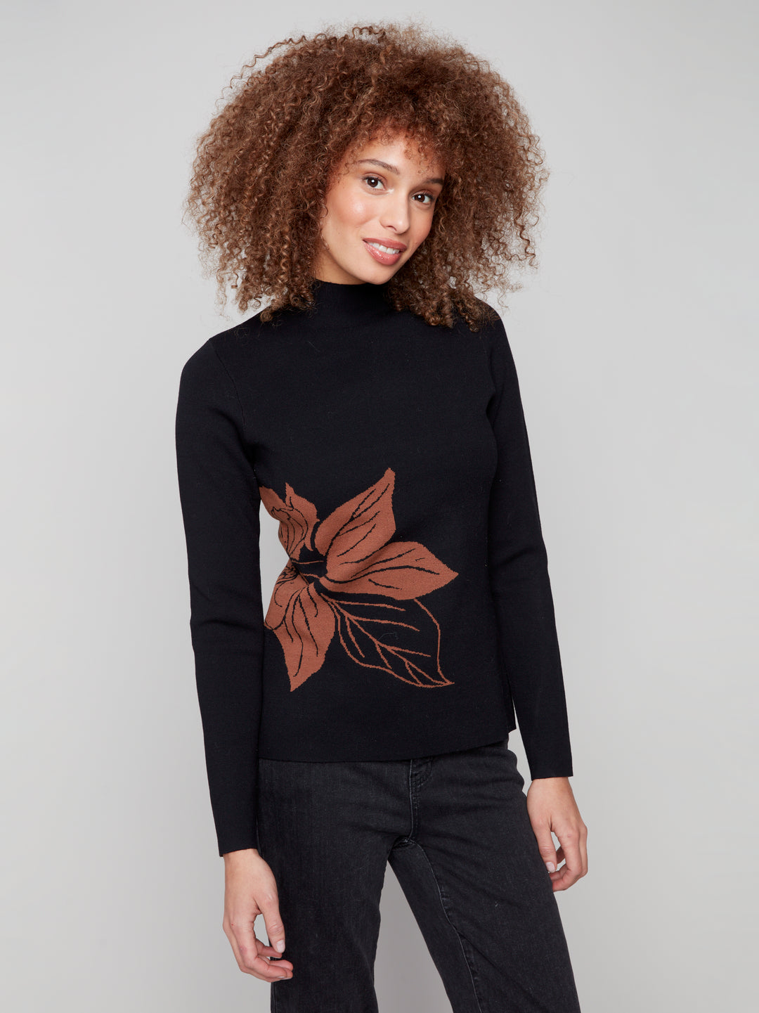 Cacao Big Flower Reversible Mock Neck Sweater