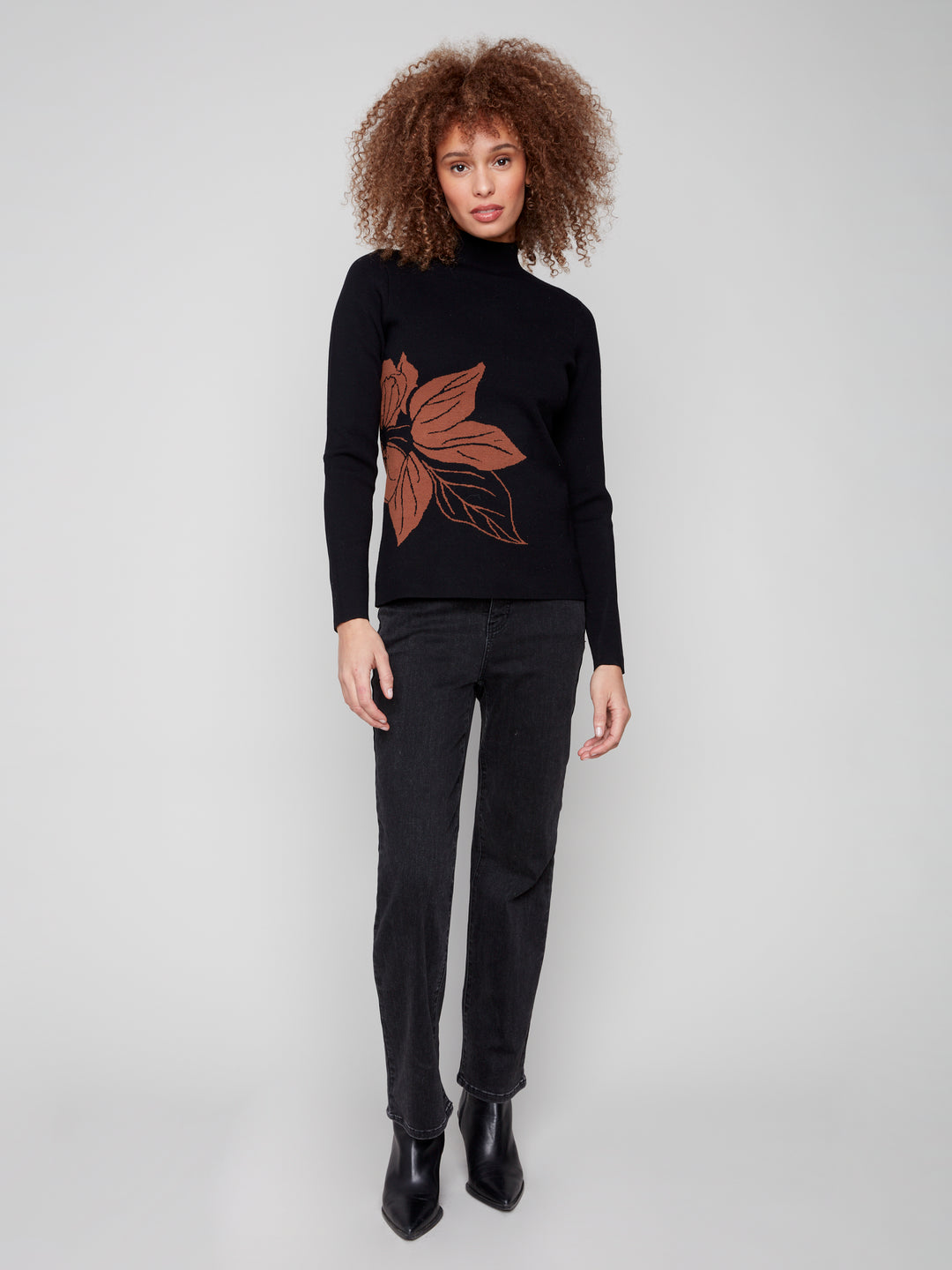 Cacao Big Flower Reversible Mock Neck Sweater