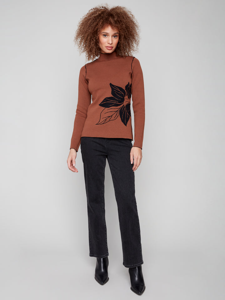 Cacao Big Flower Reversible Mock Neck Sweater