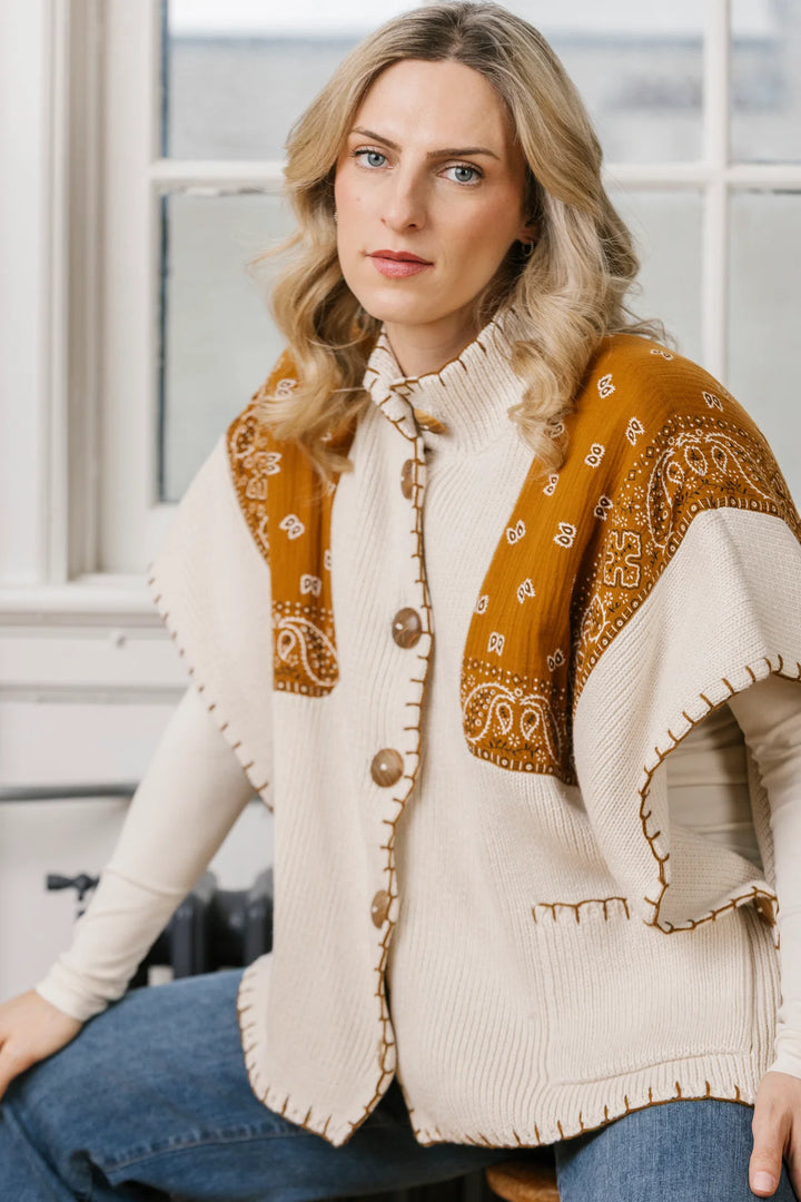 Camel Bandana Print Knit Poncho