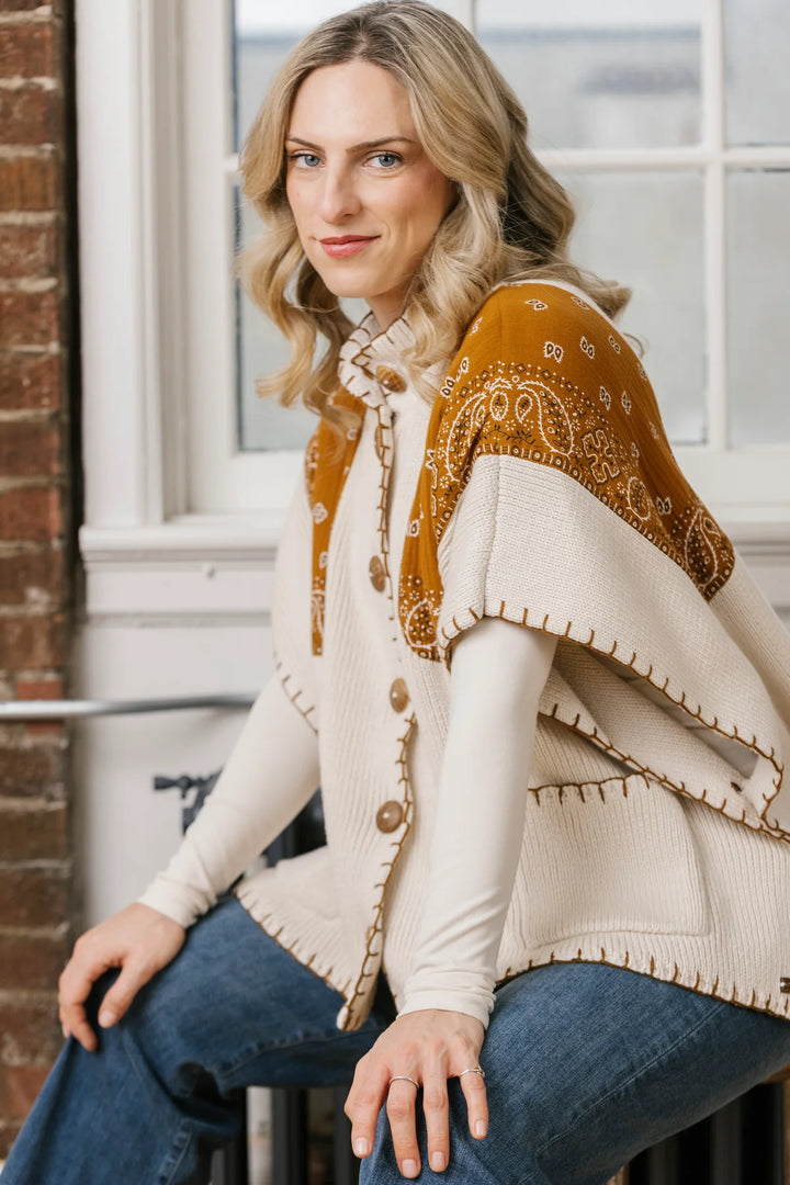 Camel Bandana Print Knit Poncho