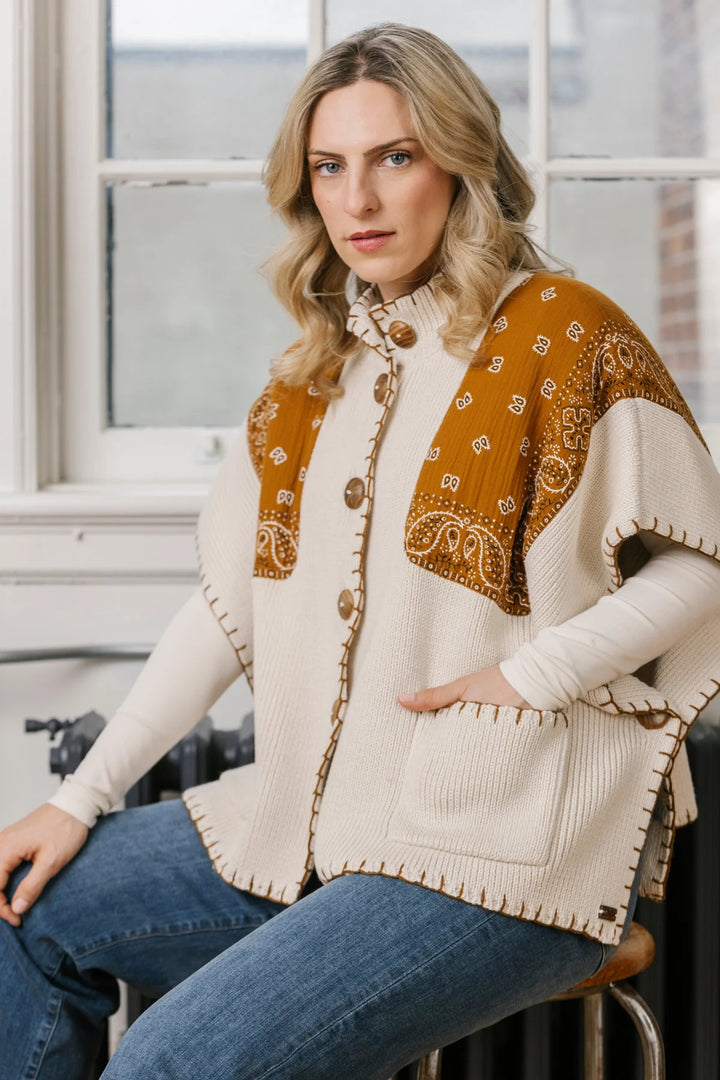 Camel Bandana Print Knit Poncho