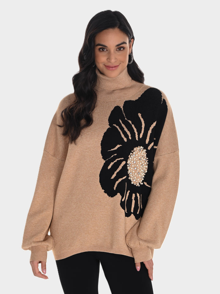 Camel Big Jewelled Flower Sweater