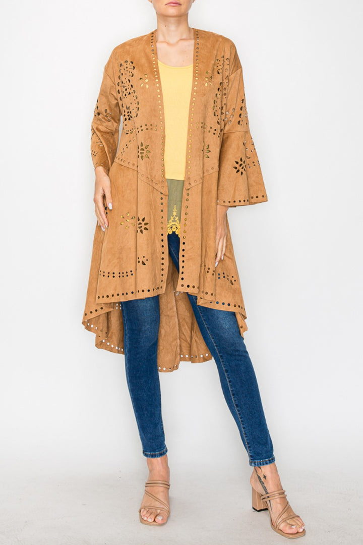 Camel Faux Suede Laser Cut Long Jacket