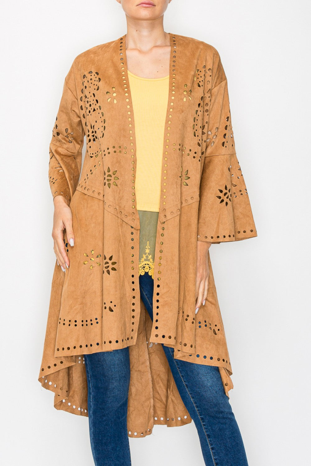 Camel Faux Suede Laser Cut Long Jacket