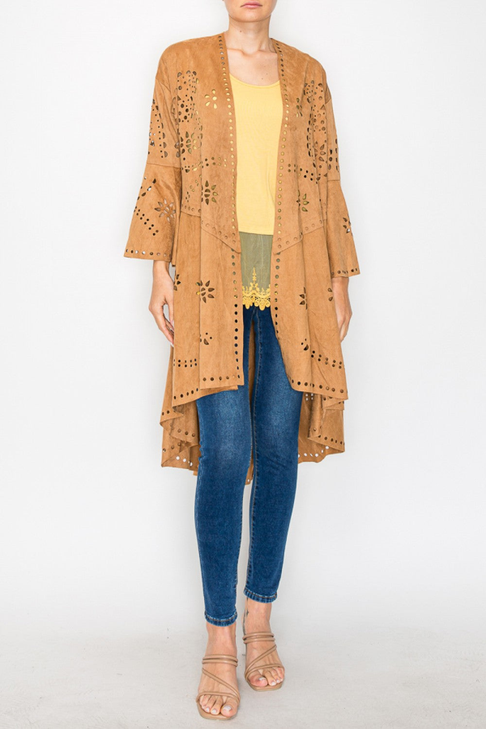 Camel Faux Suede Laser Cut Long Jacket