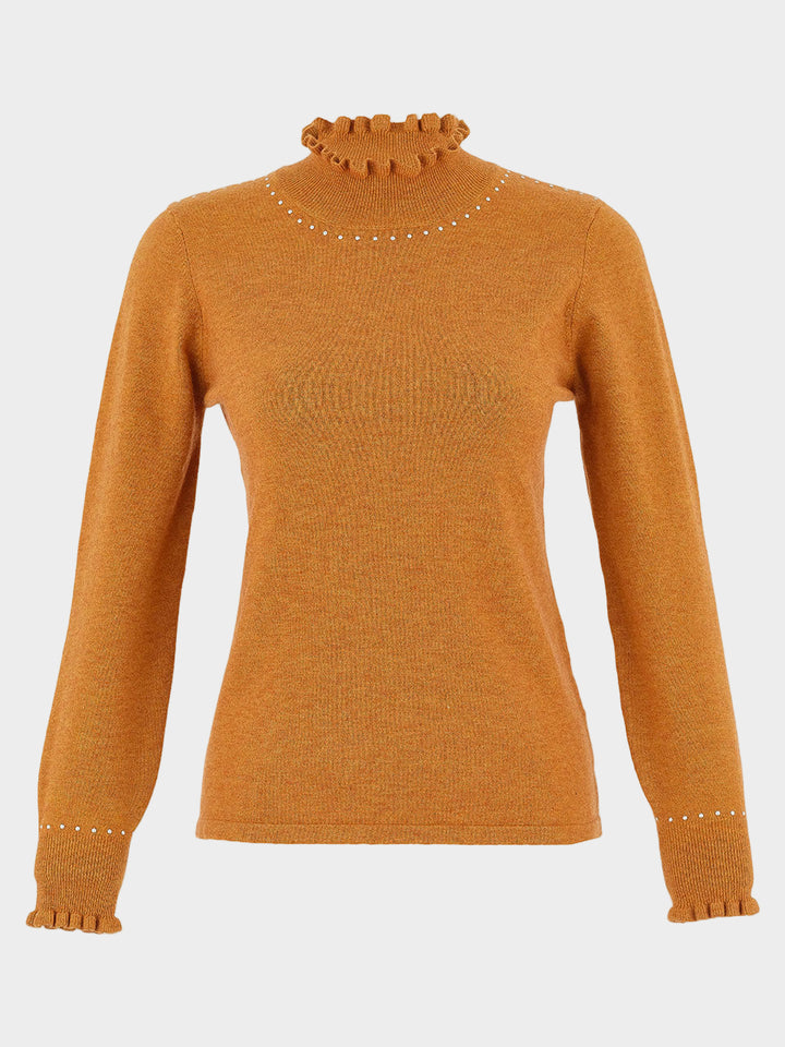 Camel Pearl Embellished Mock Neck Sweater