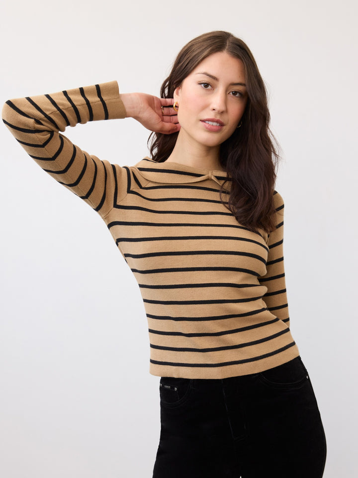 Caramel Stripe Faux Off Shoulder Sweater