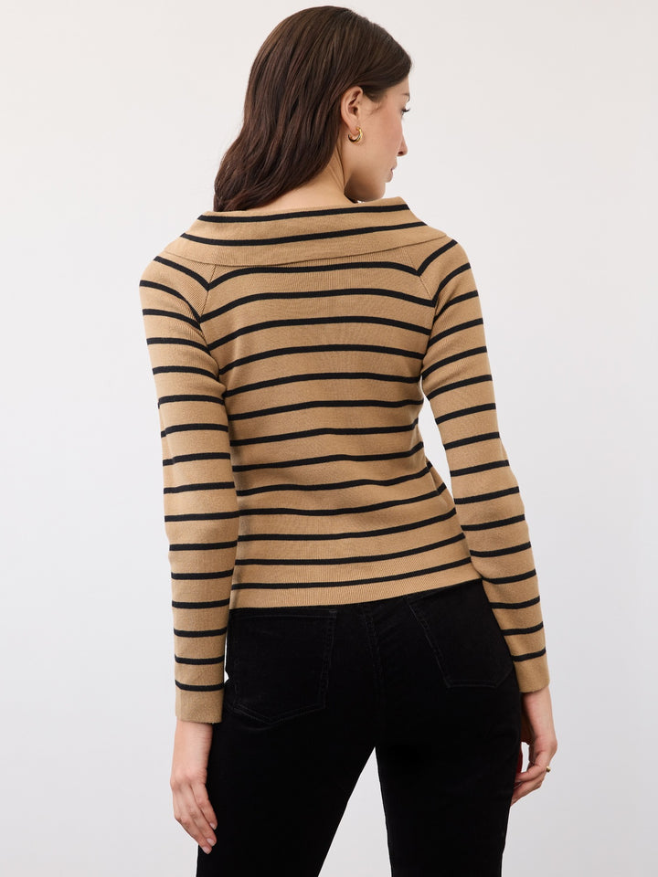 Caramel Stripe Faux Off Shoulder Sweater