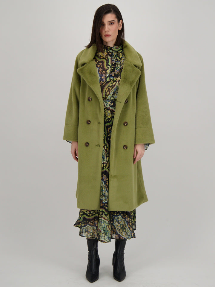 Celery Double Breasted Faux Fur Coat