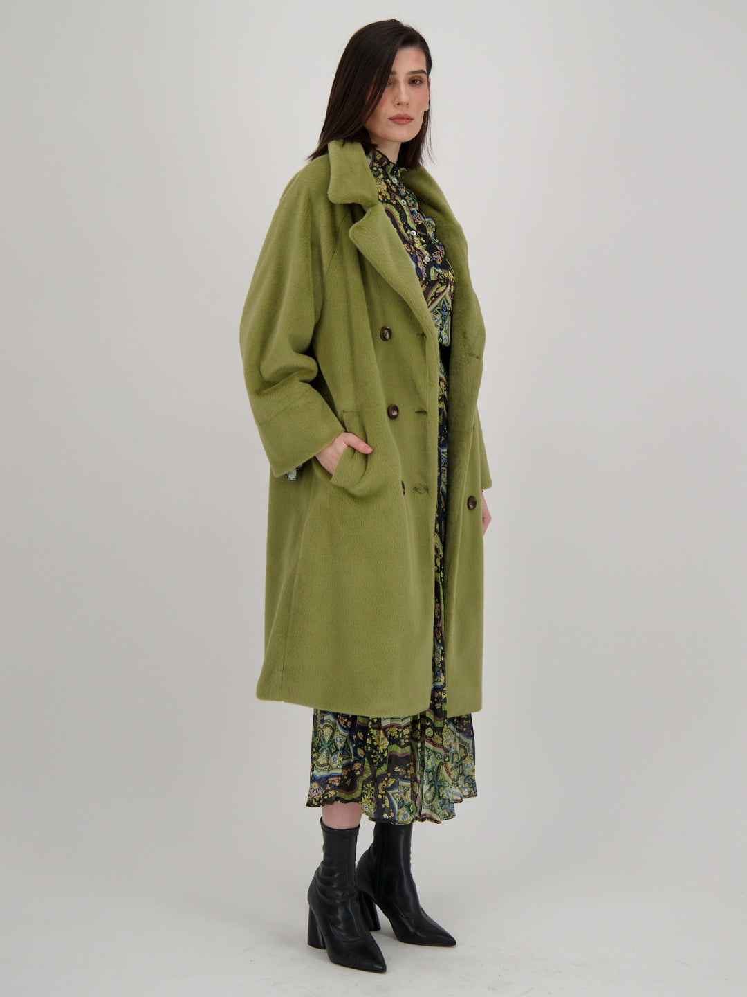 Celery Double Breasted Faux Fur Coat