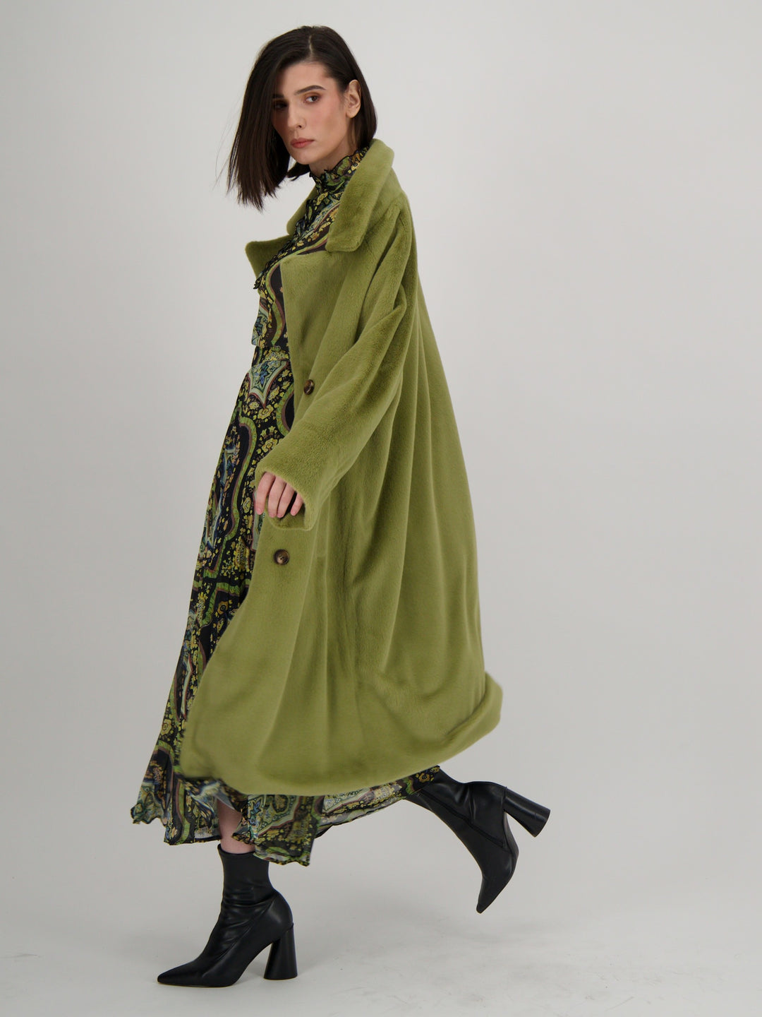 Celery Double Breasted Faux Fur Coat