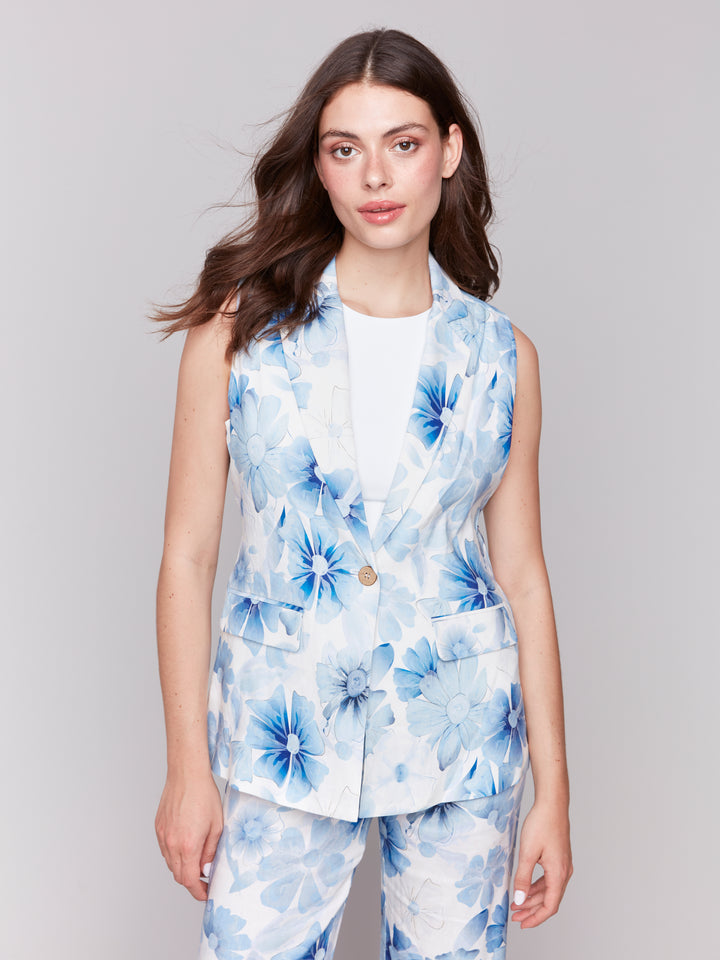 Celestial Print Linen Tailored Vest