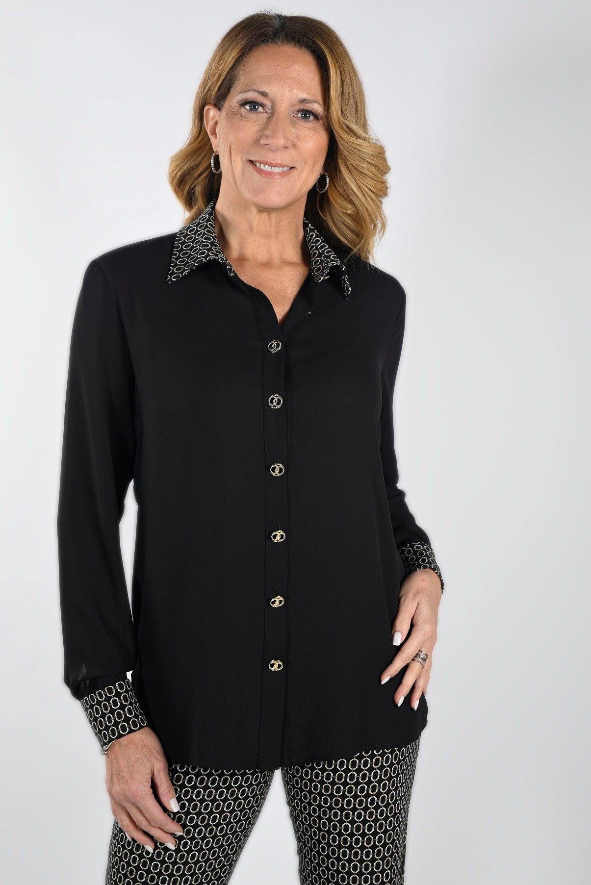 Chain Print Detail Button Front Blouse