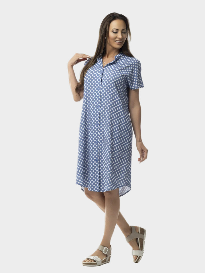 Chambray Dot Print Mandarin Collar Dress
