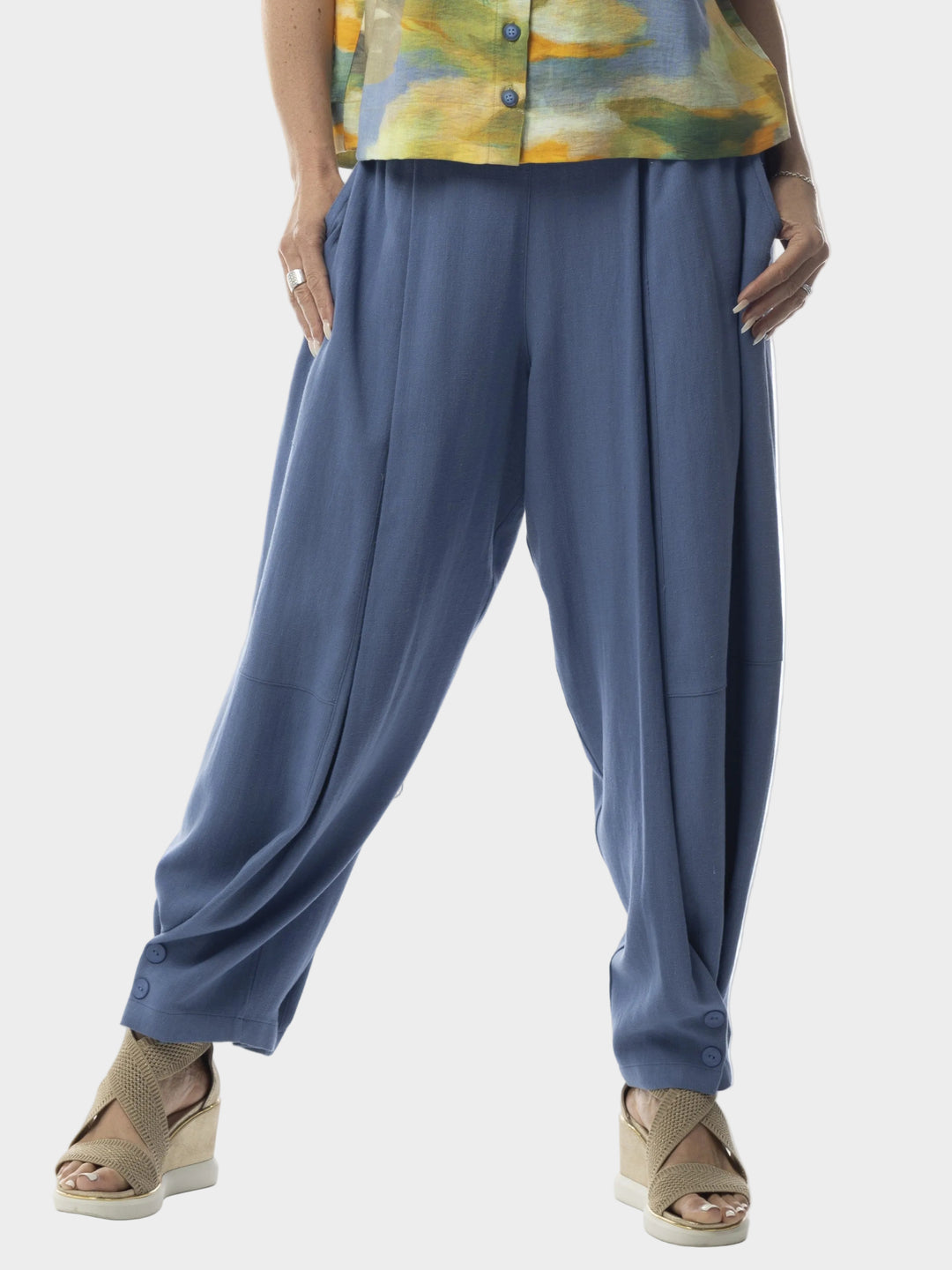 Chambray Silky Noil Button Hem Barrel Pant