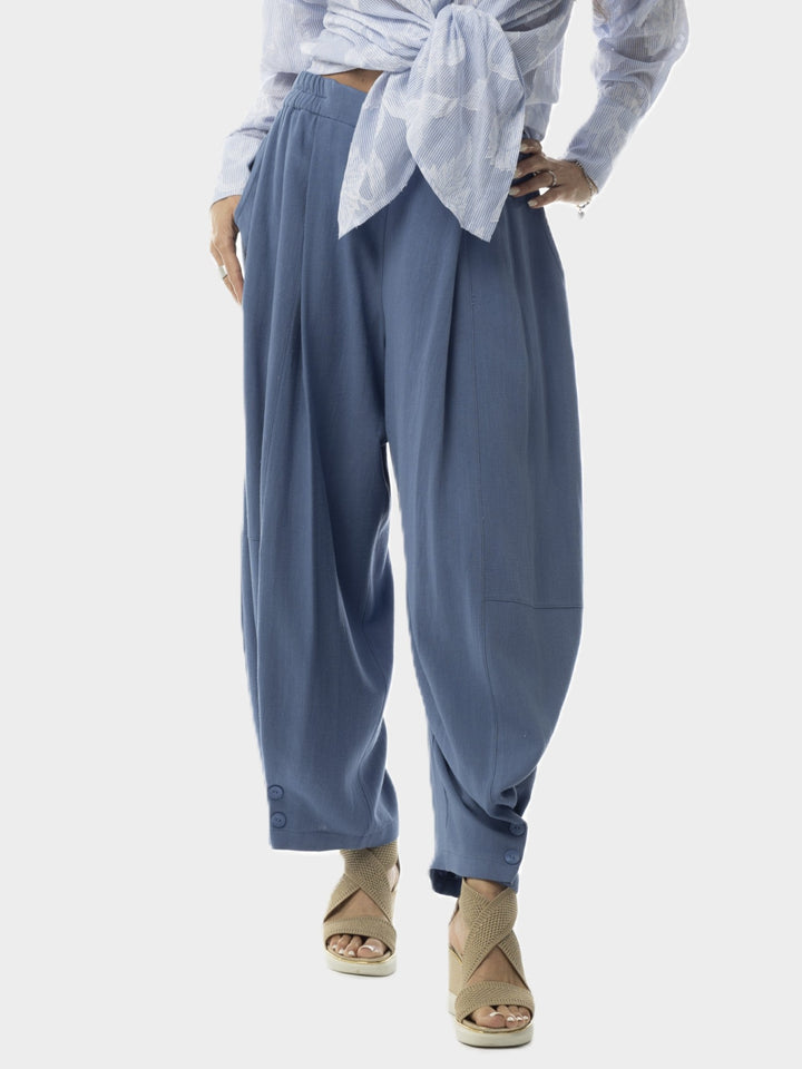 Chambray Silky Noil Button Hem Barrel Pant