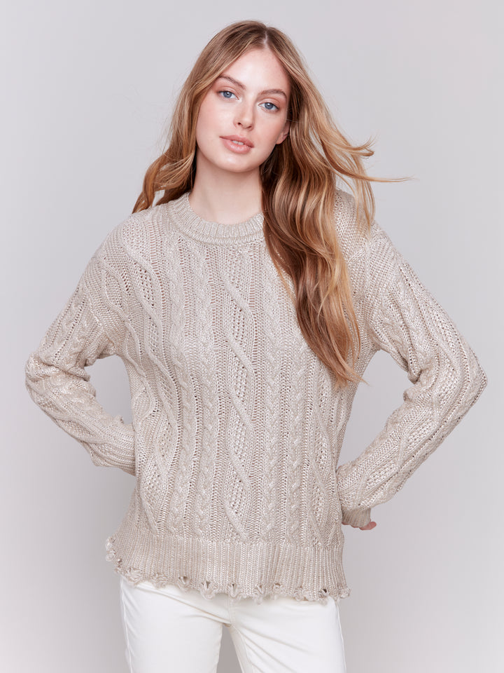 Champagne Metallic Cable Knit Sweater