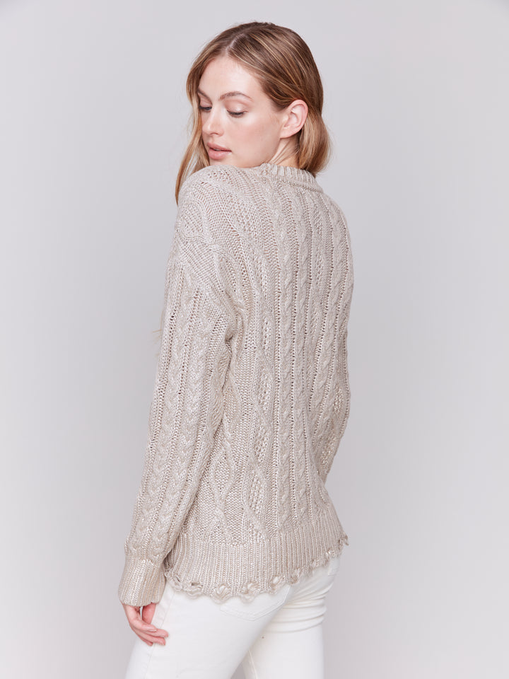 Champagne Metallic Cable Knit Sweater