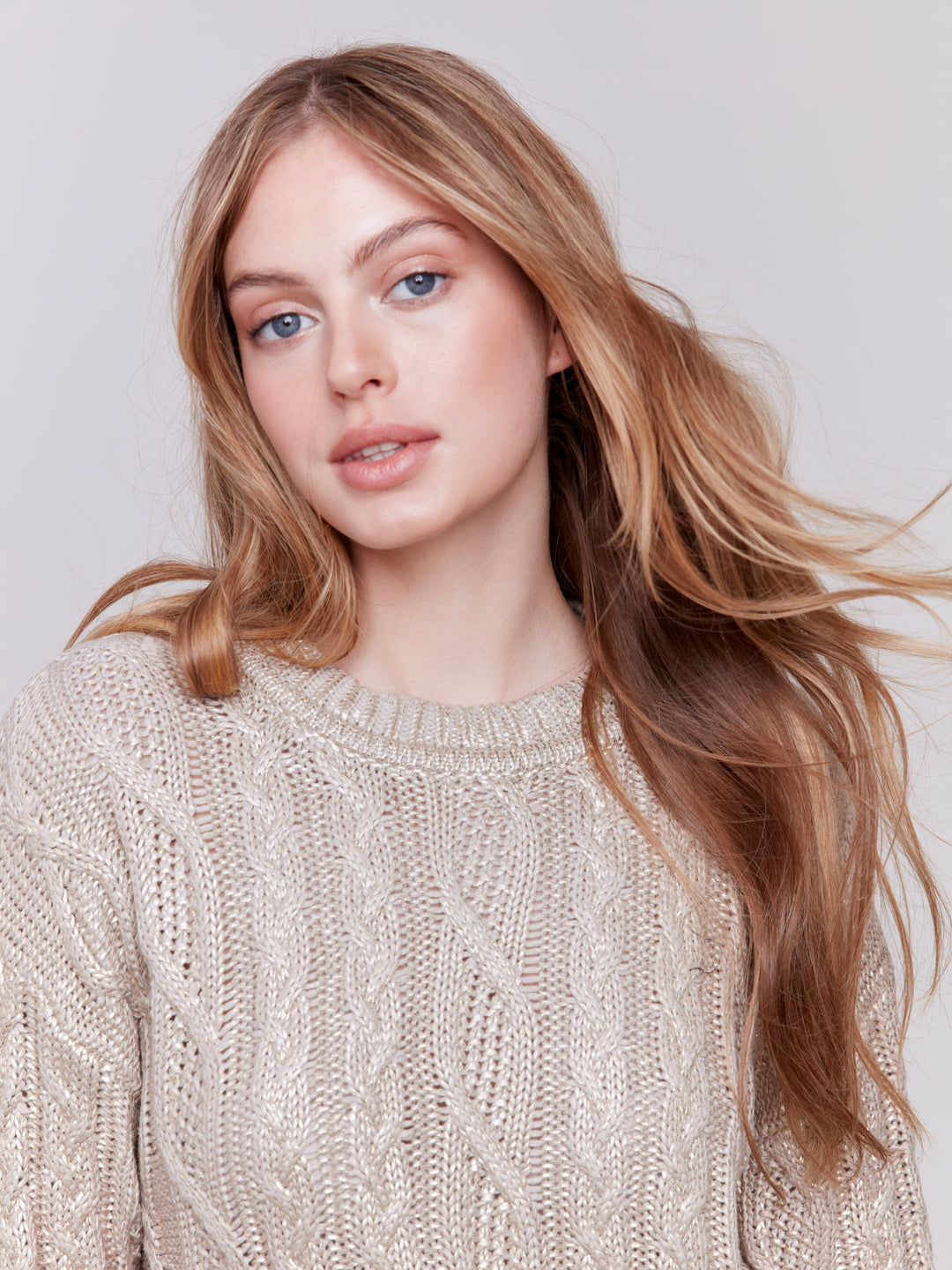 Champagne Metallic Cable Knit Sweater