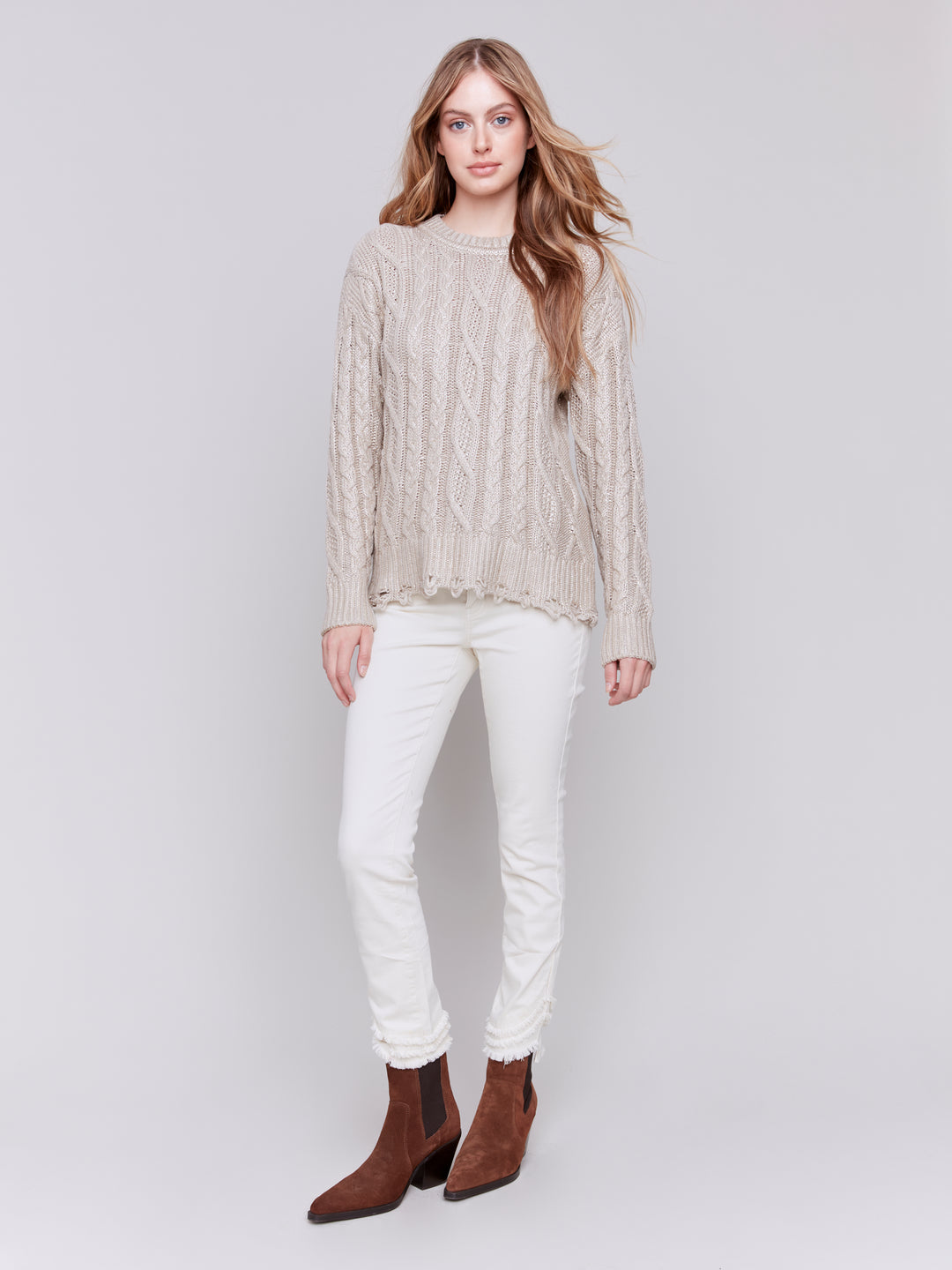 Champagne Metallic Cable Knit Sweater