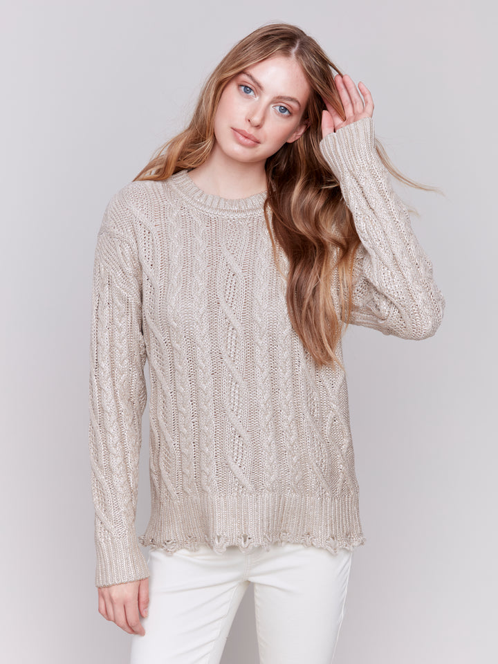 Champagne Metallic Cable Knit Sweater