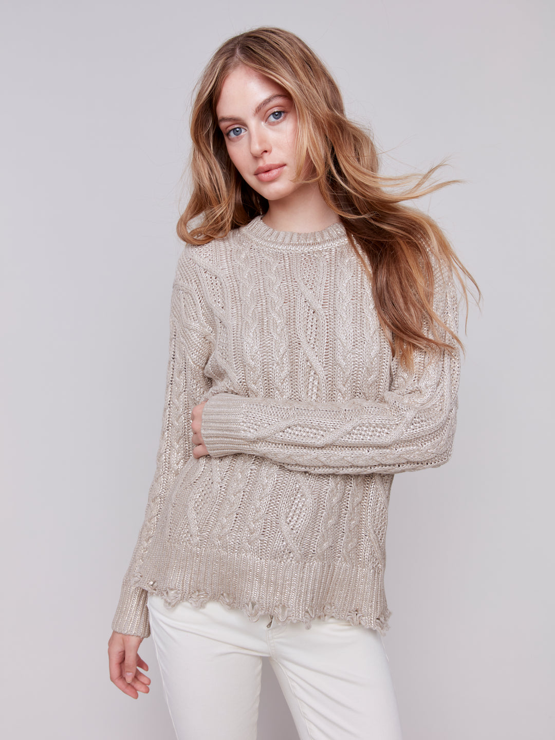 Champagne Metallic Cable Knit Sweater