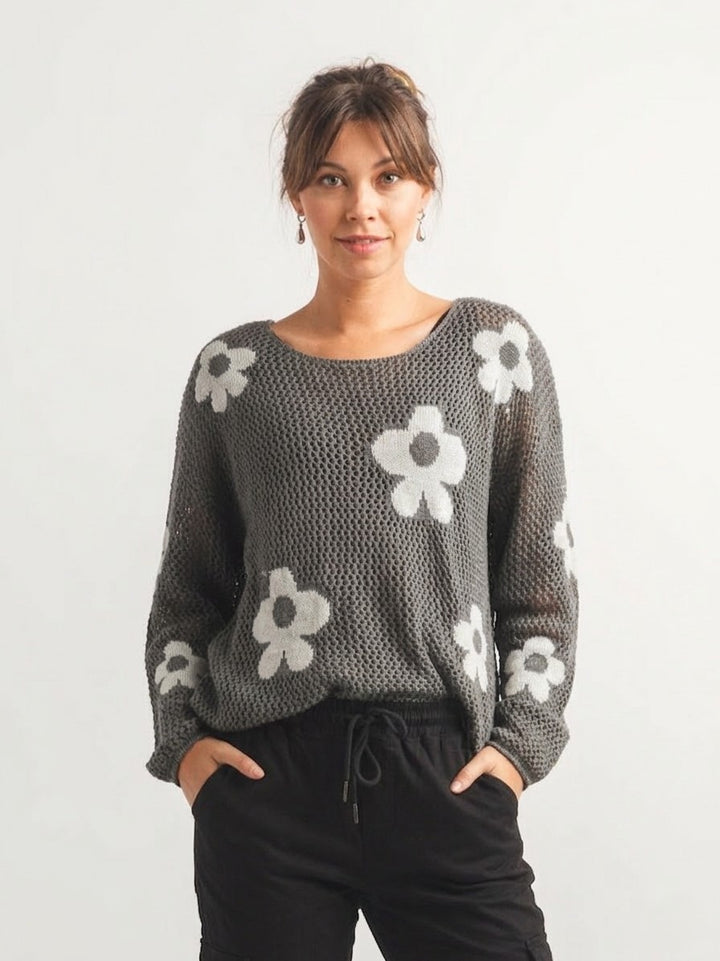 Charcoal Crochet Daisy Sweater