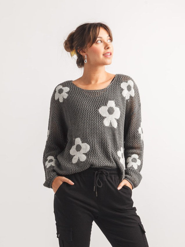 Charcoal Crochet Daisy Sweater