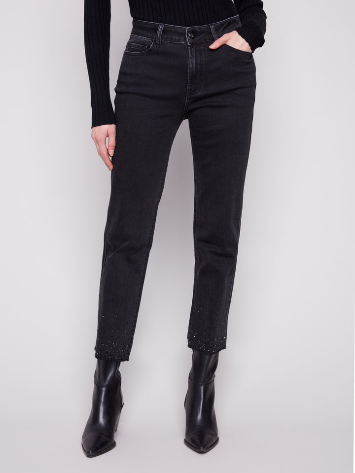 Charcoal Rhinestone Hem Straight Leg Pant