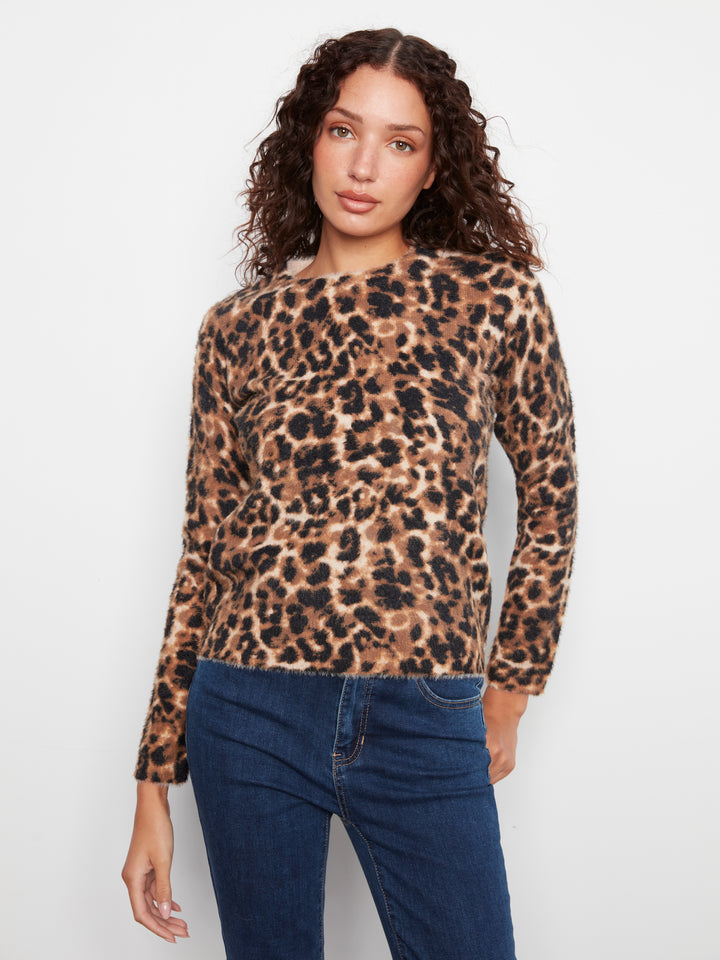 Cheetah Print Fuzzy Knit Crew Neck Sweater