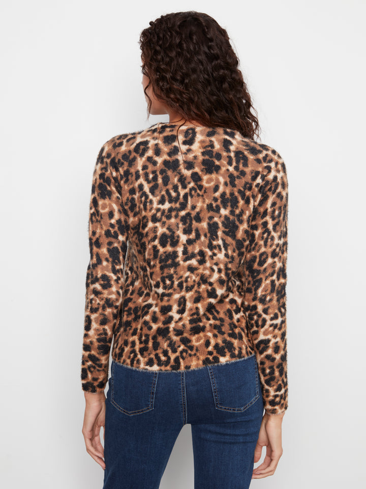 Cheetah Print Fuzzy Knit Crew Neck Sweater