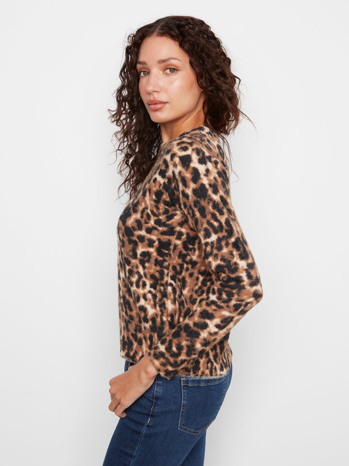 Cheetah Print Fuzzy Knit Crew Neck Sweater