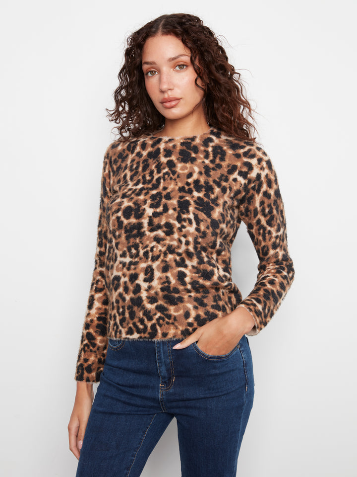 Cheetah Print Fuzzy Knit Crew Neck Sweater