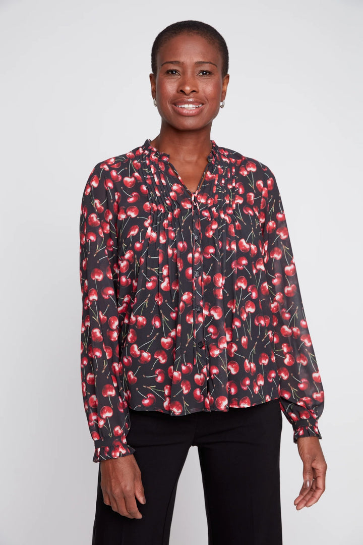 Cherry Print Pintuck Blouse With Cami