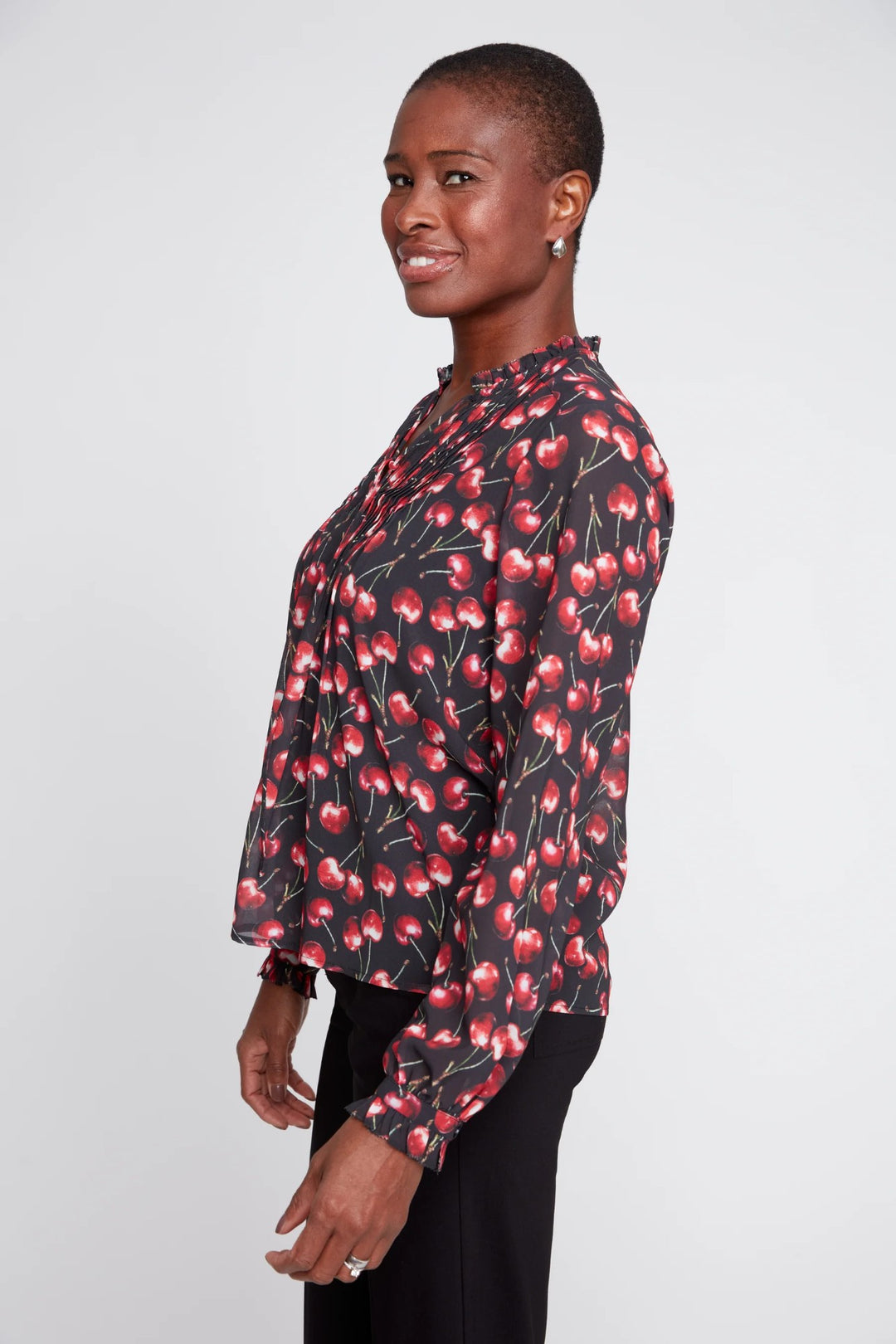 Cherry Print Pintuck Blouse With Cami