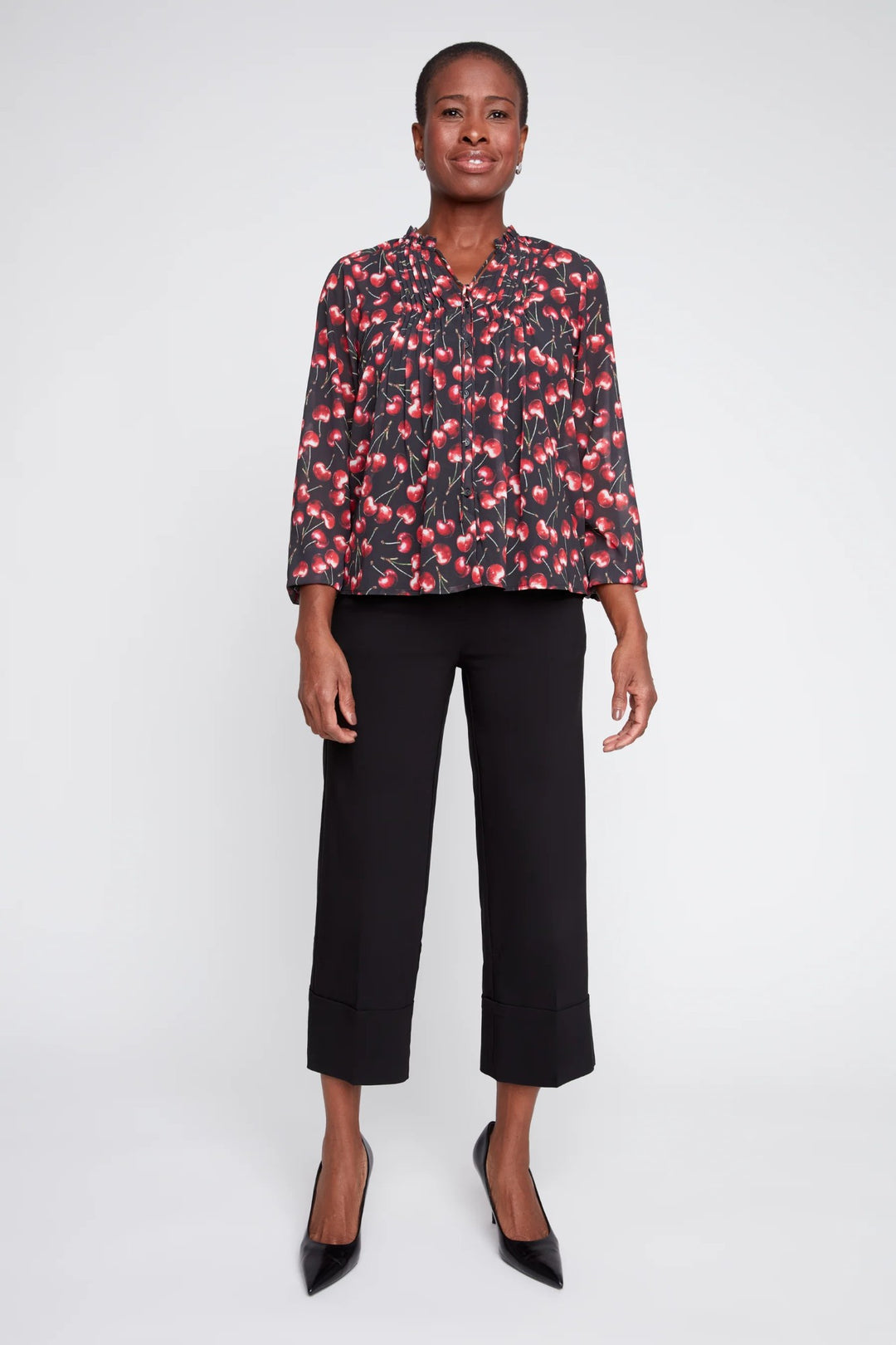 Cherry Print Pintuck Blouse With Cami
