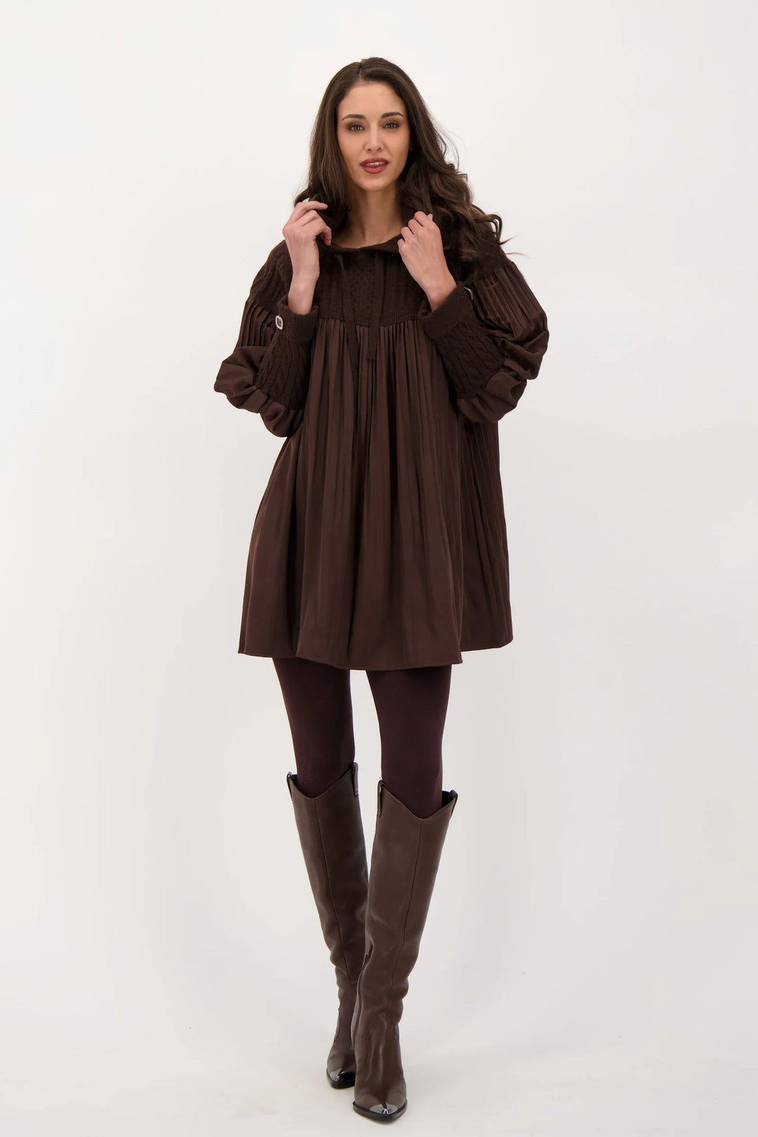Chocolate Accordion Pleat Cable Knit Hooded Tunic