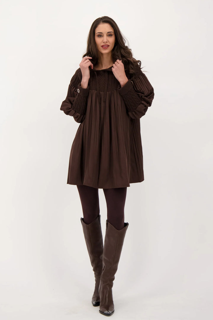 Chocolate Accordion Pleat Cable Knit Hooded Tunic