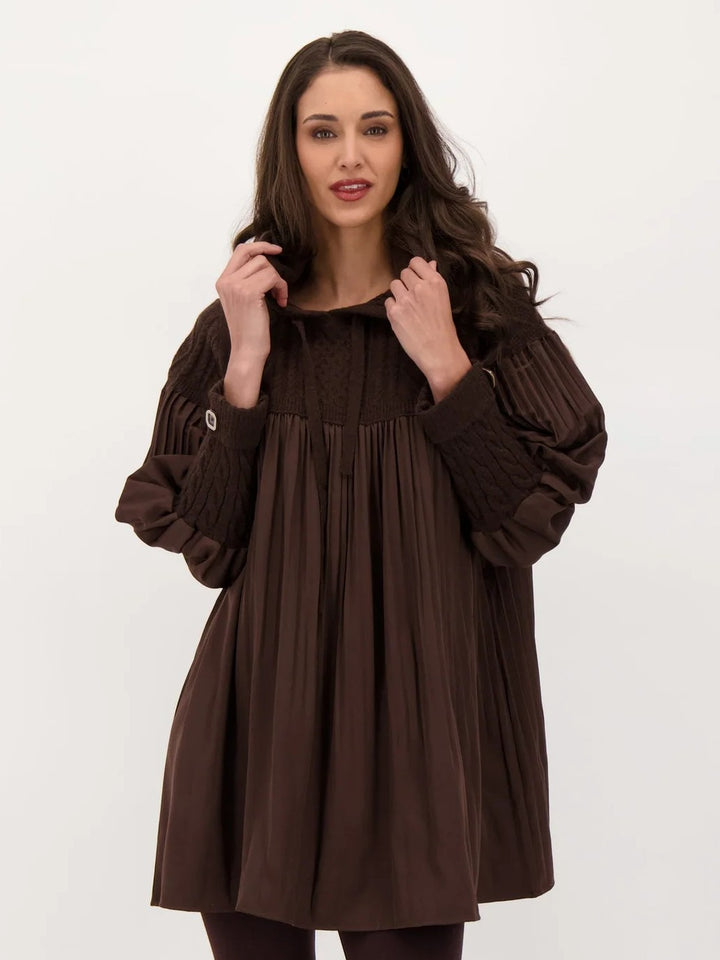 Chocolate Accordion Pleat Cable Knit Hooded Tunic