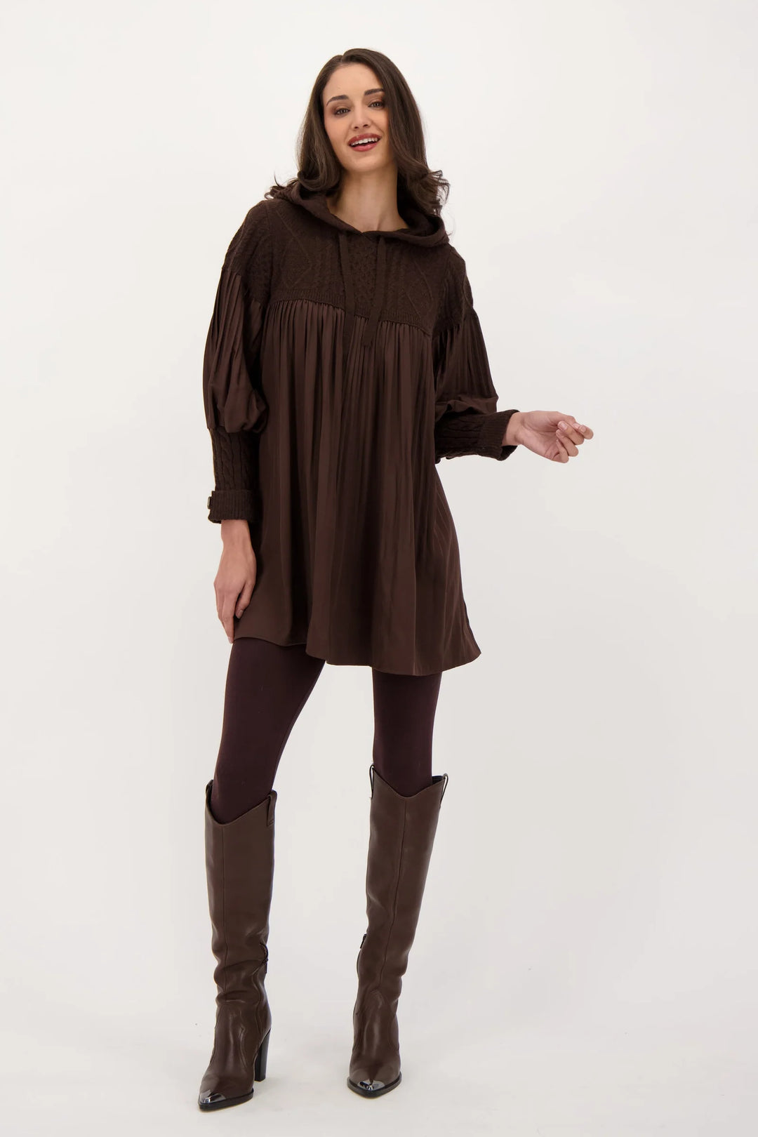 Chocolate Accordion Pleat Cable Knit Hooded Tunic
