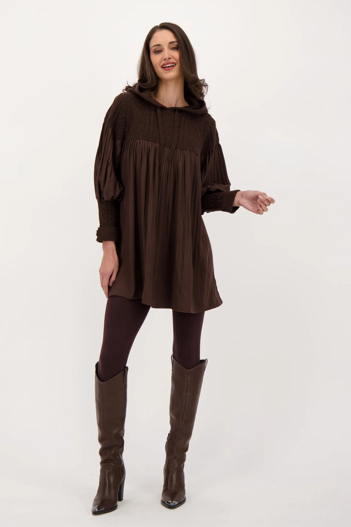 Chocolate Accordion Pleat Cable Knit Hooded Tunic