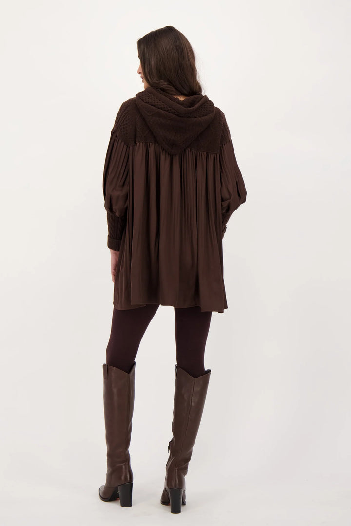 Chocolate Accordion Pleat Cable Knit Hooded Tunic