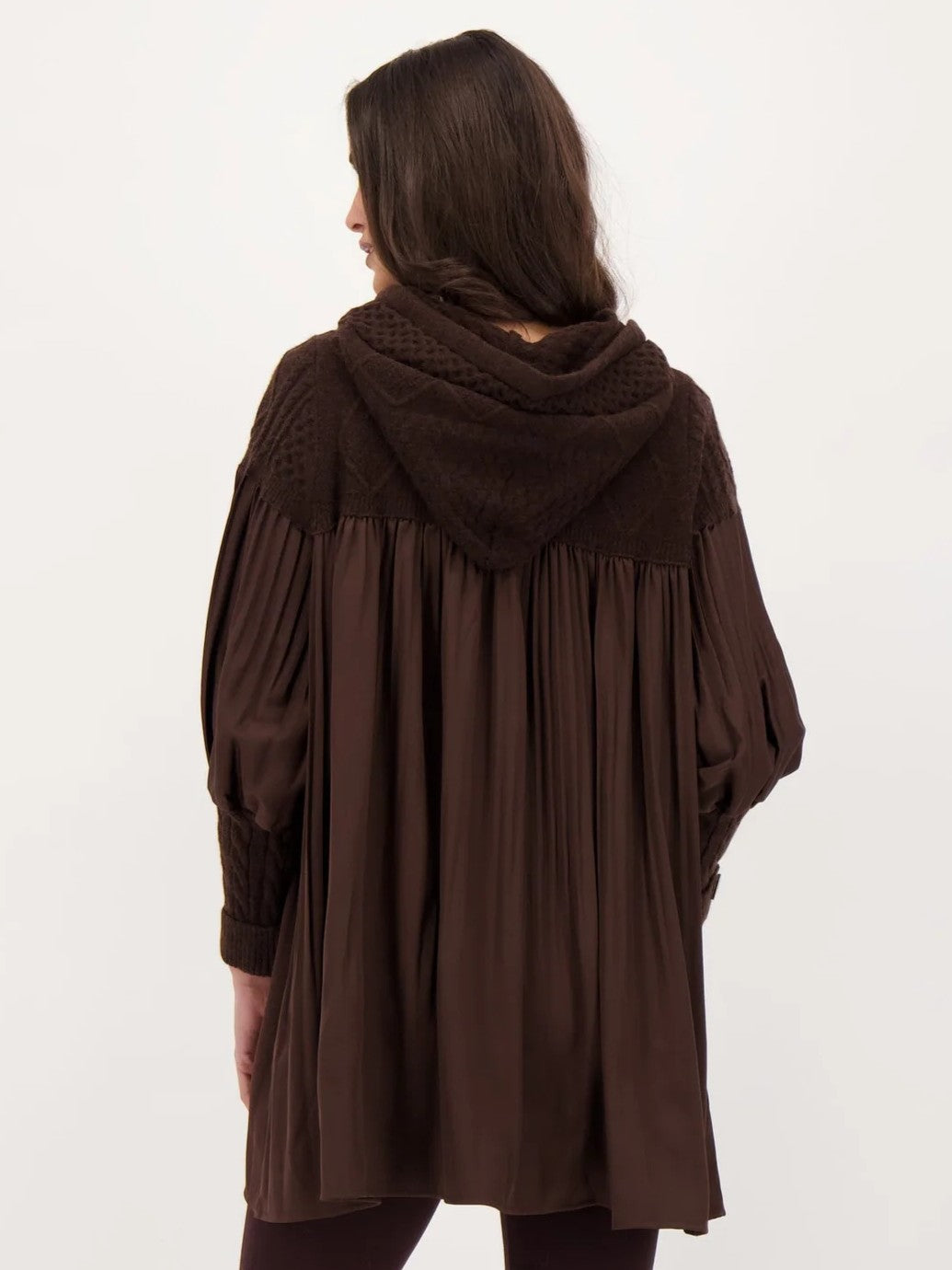 Chocolate Accordion Pleat Cable Knit Hooded Tunic