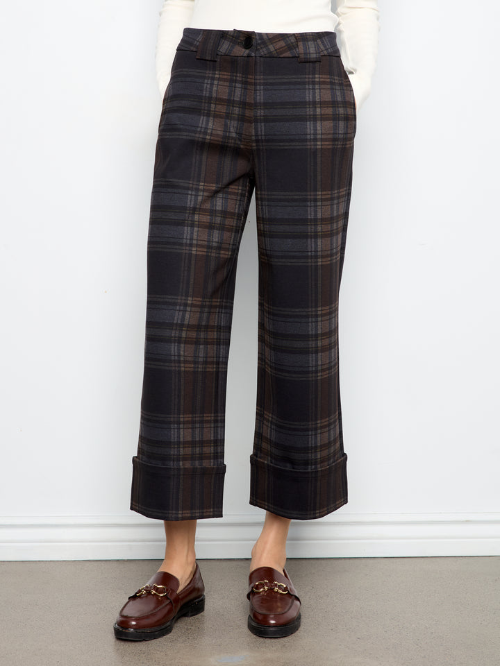 Chocolate Plaid Cuffed Hem Cropped Ponte Pant