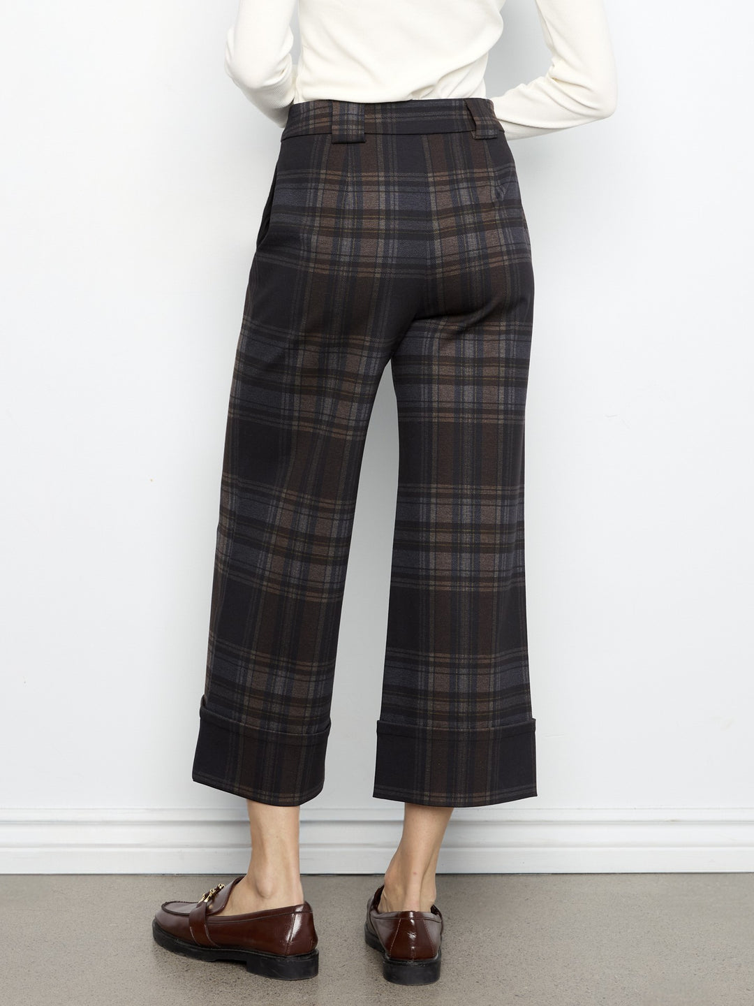Chocolate Plaid Cuffed Hem Cropped Ponte Pant