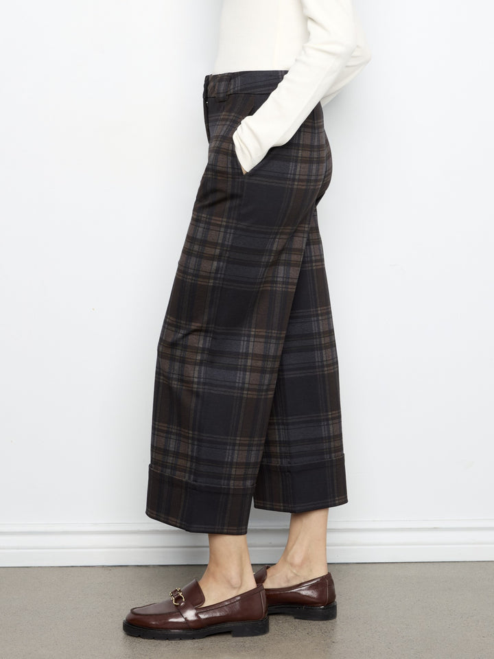 Chocolate Plaid Cuffed Hem Cropped Ponte Pant